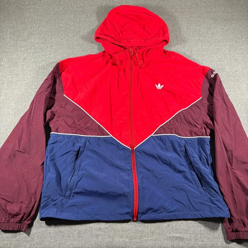 Adidas Windbreaker Mens M Red Blue Colorblock Trefoil Hooded Jacket IM4418